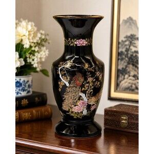 Vintage Japanese Black Peacock Floral Vase 11” Gold Trim Hand Decorated Japan